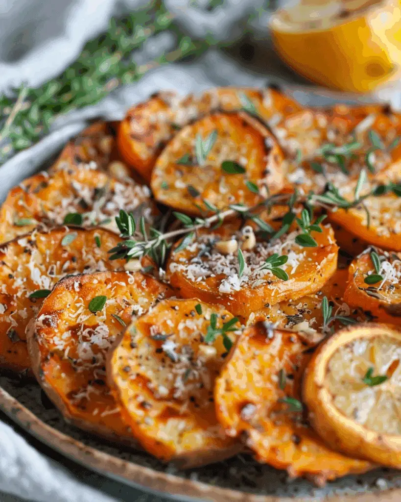 Crispy Lemon Garlic Sweet Potato Rounds