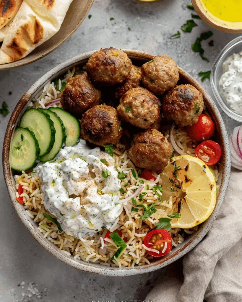 Gyro Bowls (Meatballs with Tzatziki, Lemon Rice, and Cucumber Salad)
