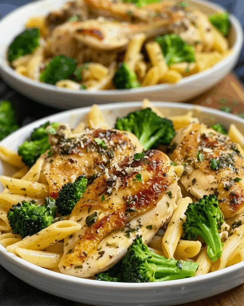 Creamy Garlic Parmesan Crusted Chicken over Roasted Broccoli Pasta