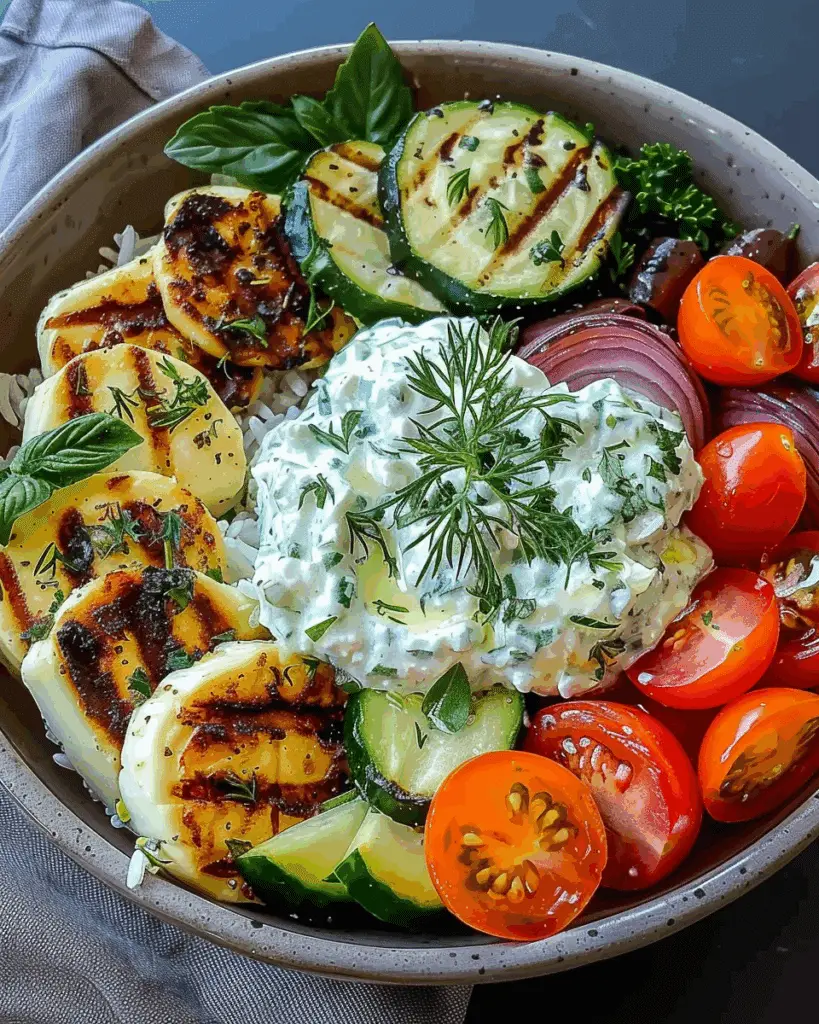 Epic Grilled Halloumi Greek Bowl with Creamy Tzatziki & Herby Veggies