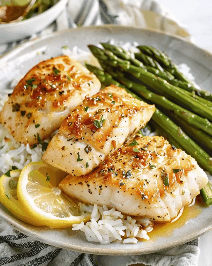 Garlic Butter Cod with Lemon Asparagus Skillet
