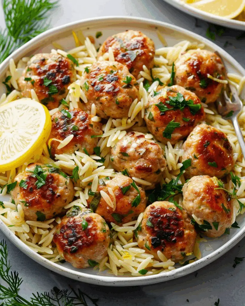 Greek Chicken Meatballs with Lemon Orzo