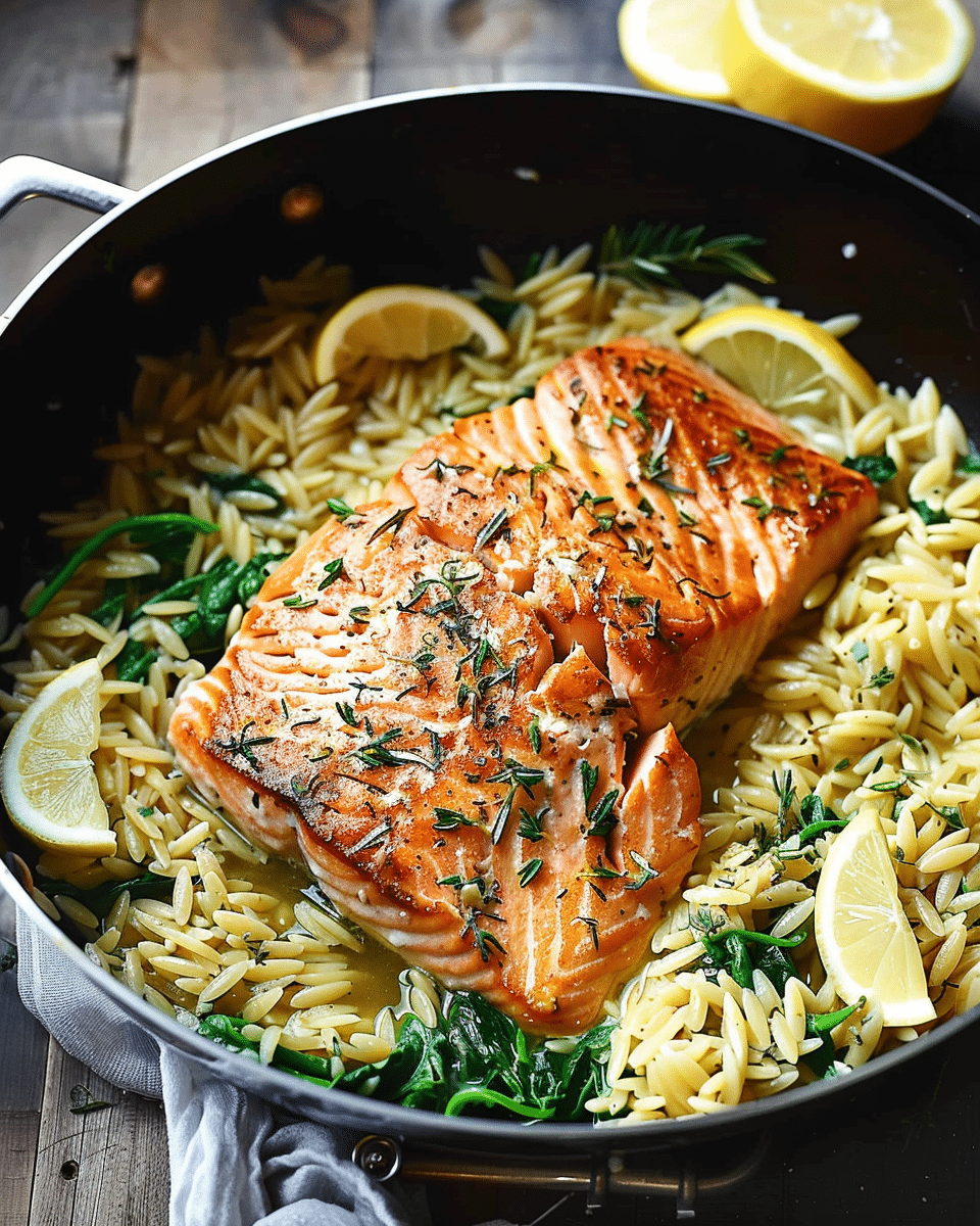 One Skillet Salmon with Lemon Orzo