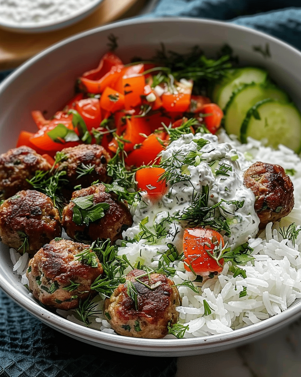 Ultimate Mediterranean Meatball Bowl with Tzatziki & Rice