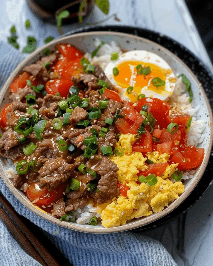 Beef Stir Fry & Tomato Egg Rice Bowl