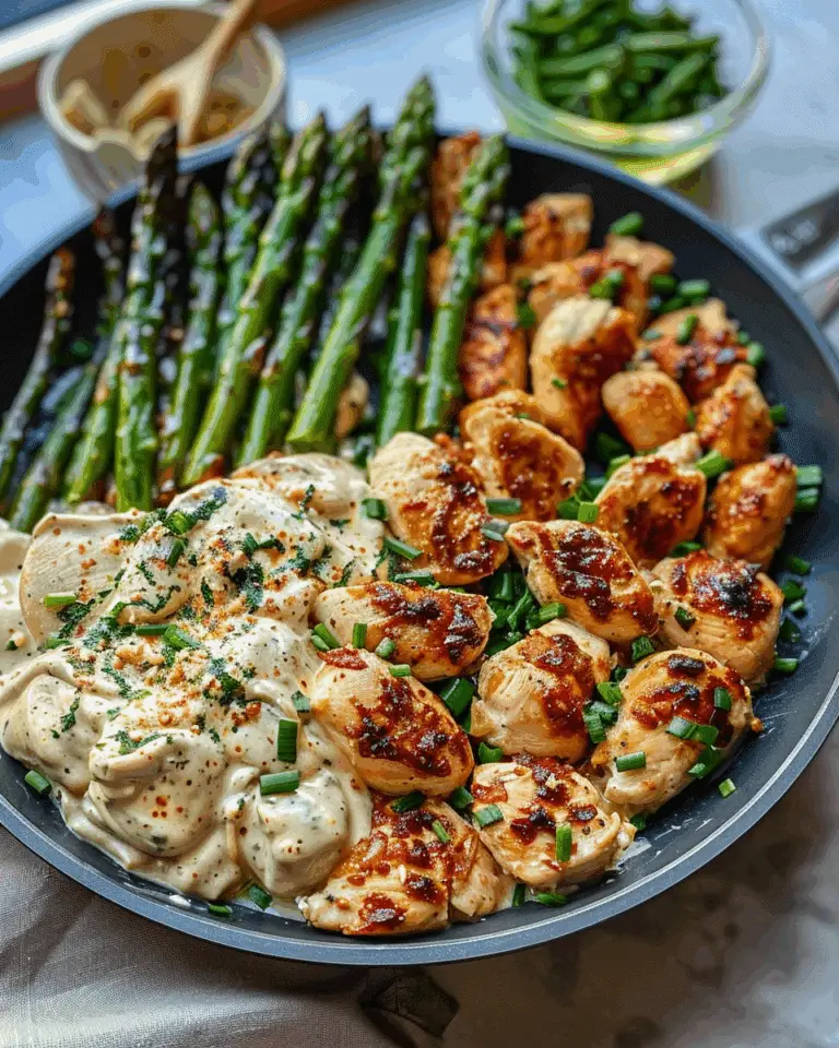 Delicious Greek Chili Chicken Alfredo with Smoked Feta Cream & Crispy Parmesan Asparagus