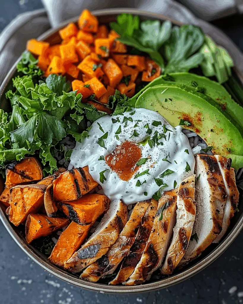 Grilled Chicken Power Bowl with Avocado, Sweet Potato & Herby Yogurt