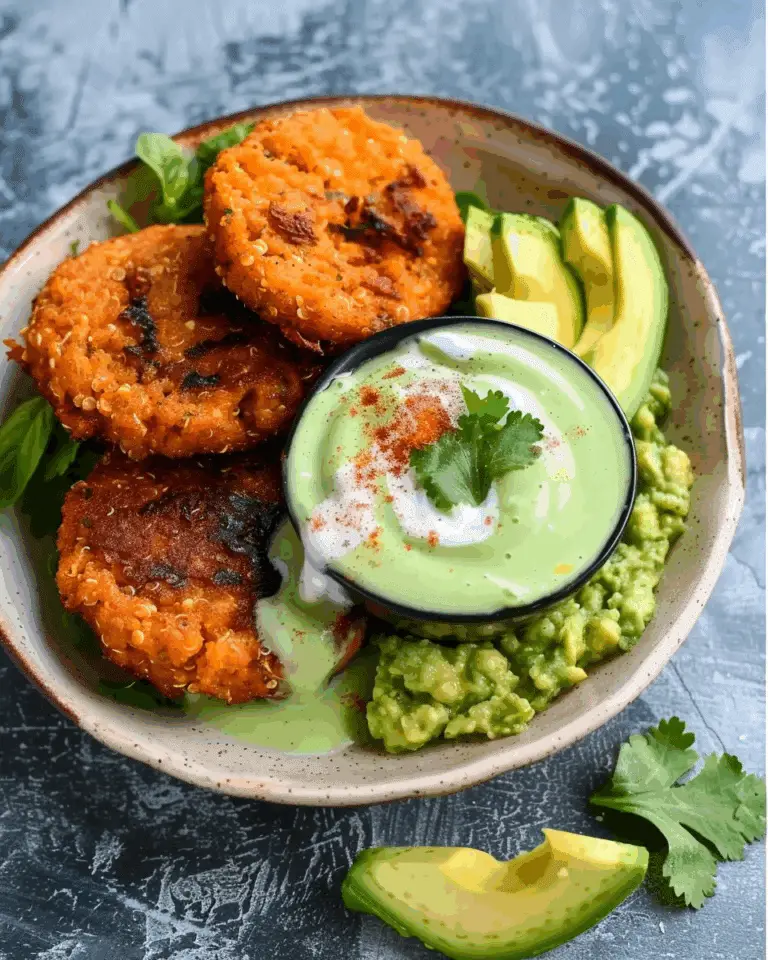 Low-Carb Sweet Potato Quinoa Patties Bowls with Avocado Yogurt Drizzle