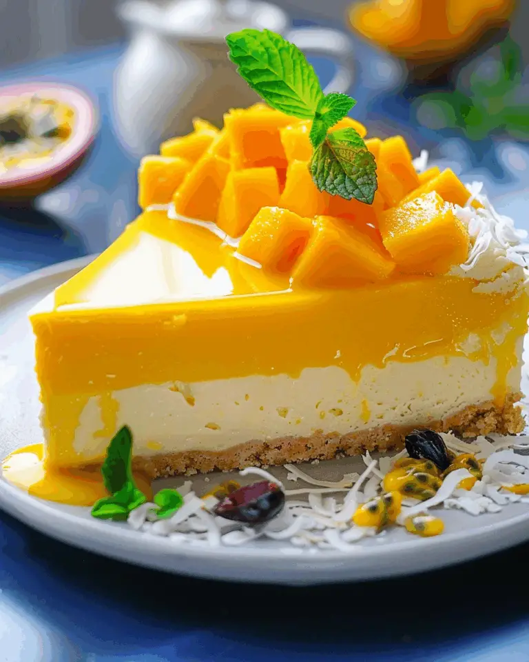 Mango Coconut Cheesecake with Passion Fruit Glaze