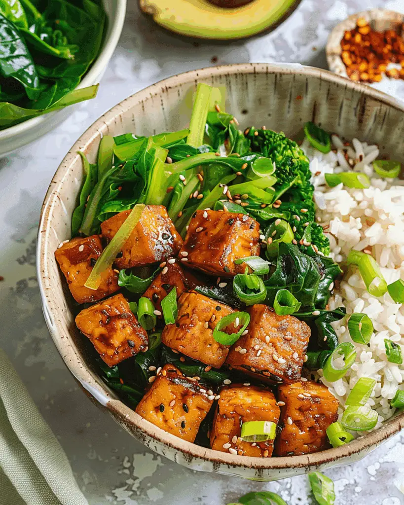 Rice Bowl with Steamed Greens and Fried Tofu