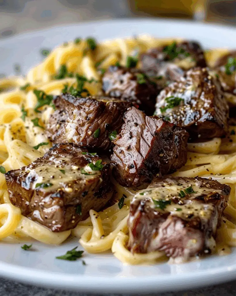 Cheesy Garlic Steak Bites & Creamy Linguine