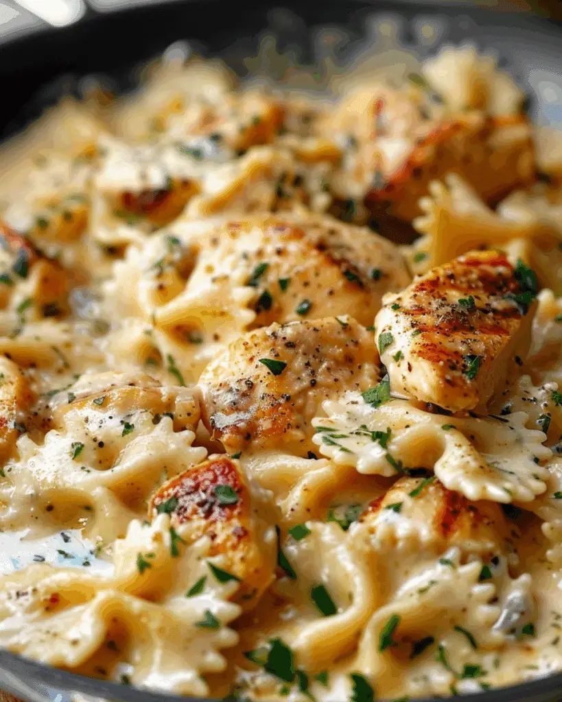 One Pan Creamy Garlic Chicken & Cheesy Bowtie Pasta