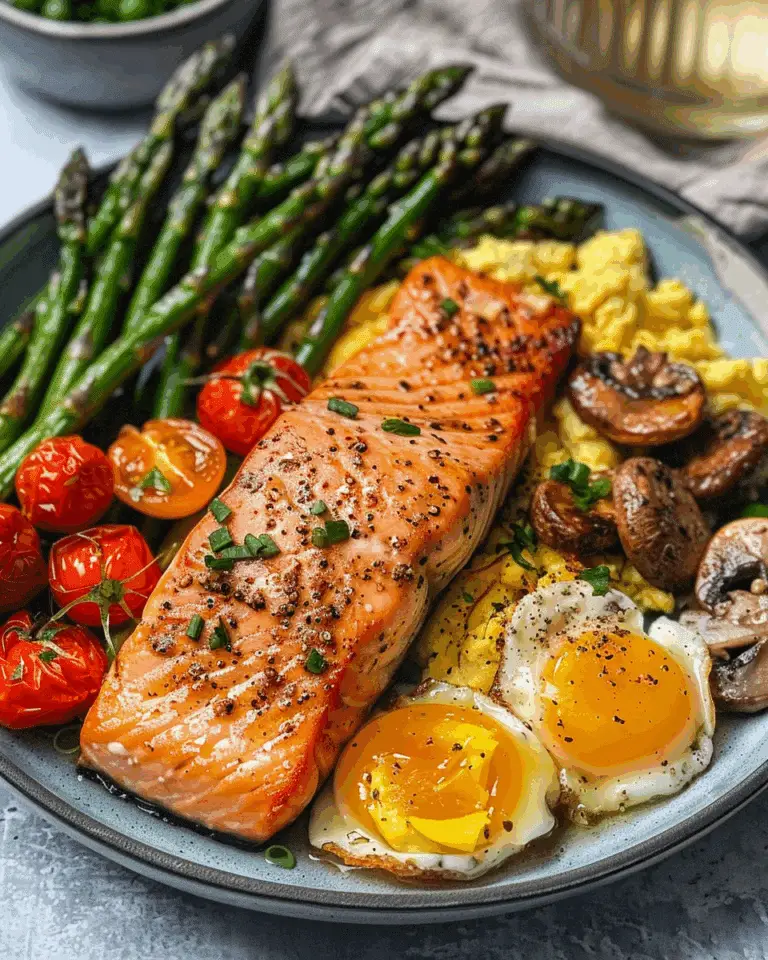 Pan-Seared Salmon with Asparagus, Garlic Mushrooms, Roasted Cherry Tomatoes & Scrambled Eggs