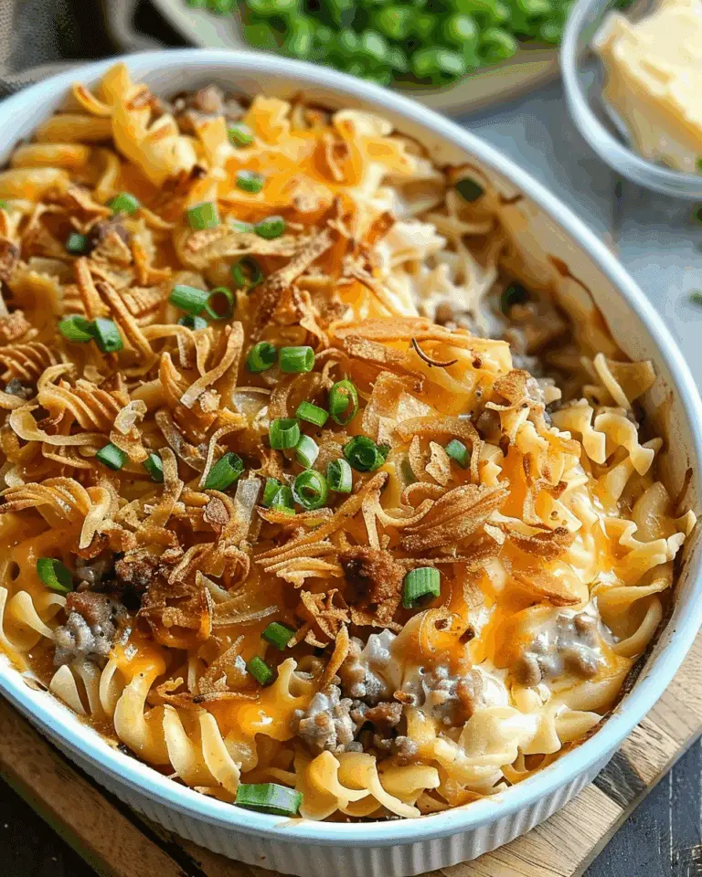 Cheesy Beef and Noodle Casserole with Crispy French Onions