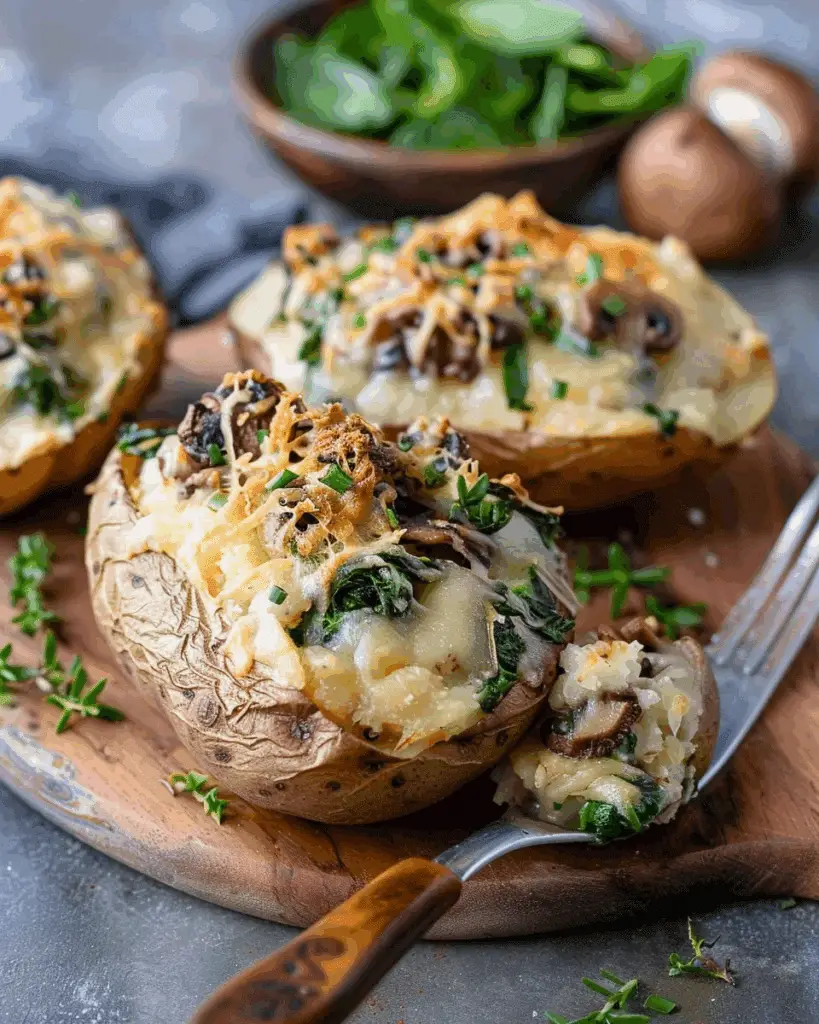 Cheesy Stuffed Potatoes with Spinach and Mushrooms