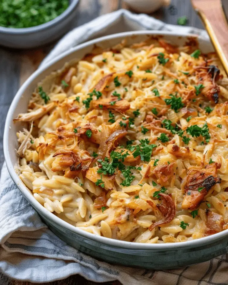 French Onion Chicken Orzo Casserole