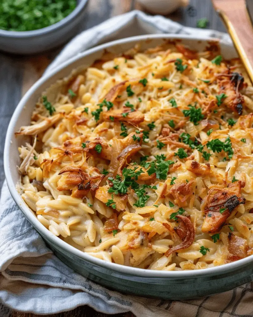 French Onion Chicken Orzo Casserole