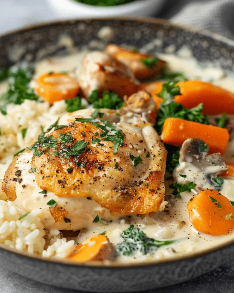 Succulent Herb‑Crusted Chicken in Velvety Cream Sauce with Rice, Sweet Potatoes & Veggies