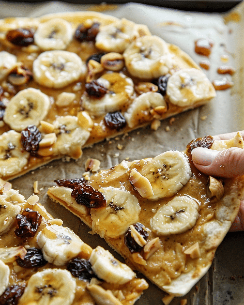 Tortilla Pizza with Peanut Butter, Banana, Raisins and Dates