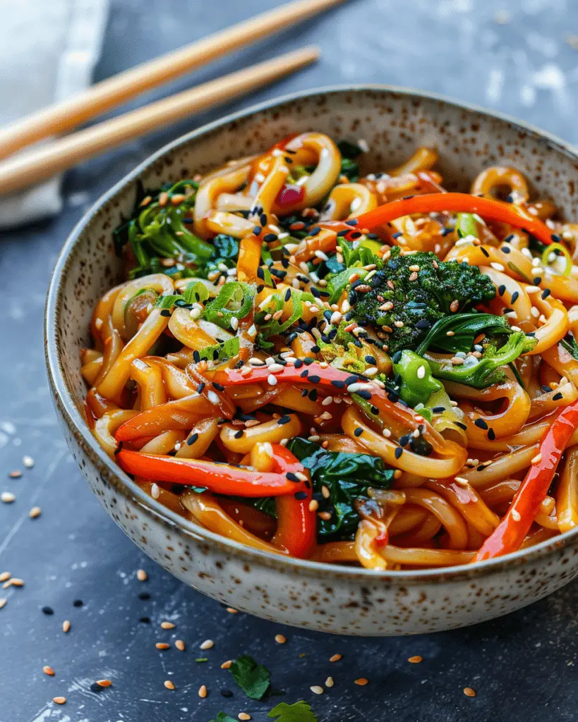 Yaki Udon Noodles with Stir-Fried Veggies and Savory Sauce