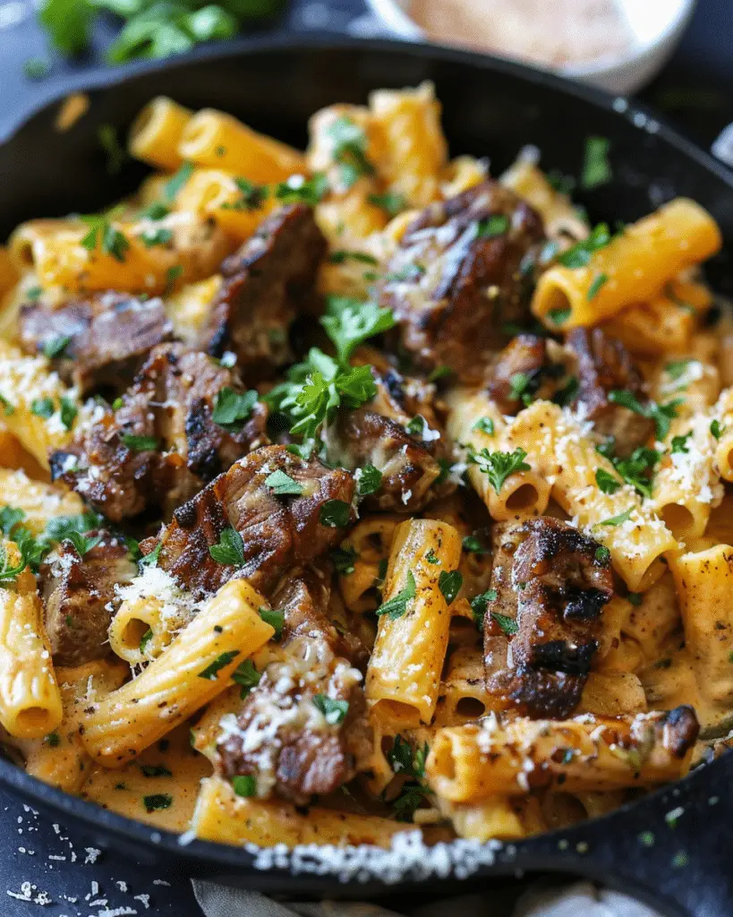 Cajun Steak Tips in Cheesy Rigatoni Parmesan Sauce