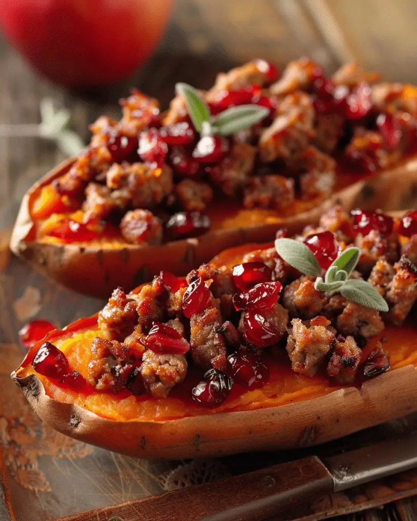 Cranberry Apple Twice‑Baked Sweet Potatoes with Spiced Turkey Sausage