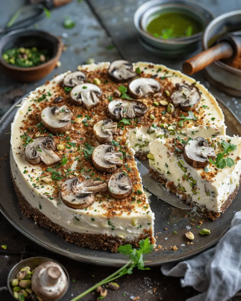 Savory Pistachio & Mushroom Cheesecake with Feta–Parmesan Crust