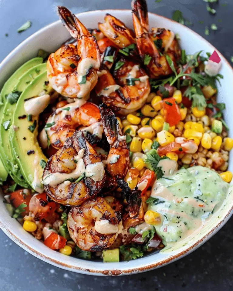 Grilled Shrimp Bowl with Avocado, Corn Salsa & Creamy Sauce