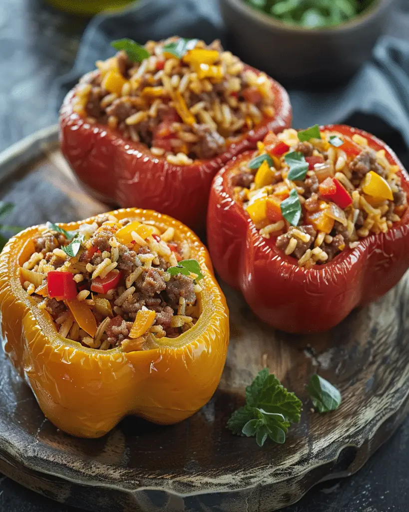 Stuffed Bell Peppers with Ground Beef and Rice