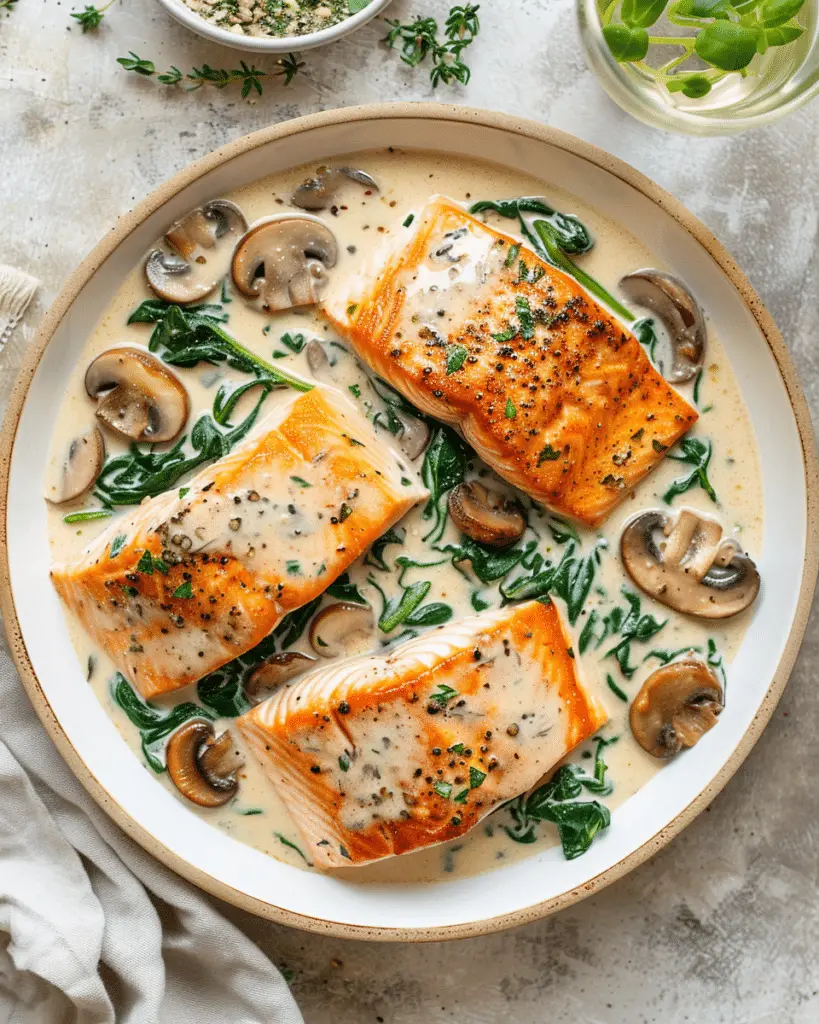 Garlic Butter Salmon with Spinach & Mushrooms in Creamy Sauce