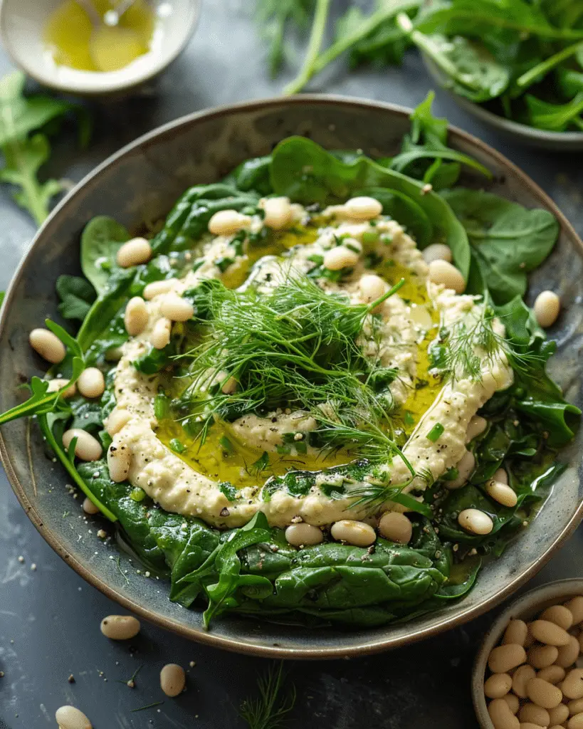 Spinach and Arugula Salad with Hummus-Dill Dressing & White Beans