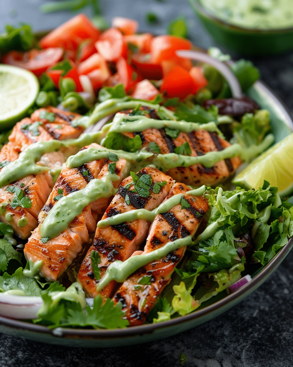 Grilled Salmon Salad with Creamy Cilantro Lime Dressing