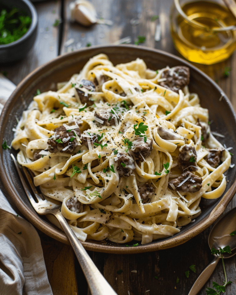 Beefy Alfredo Garlic Pasta