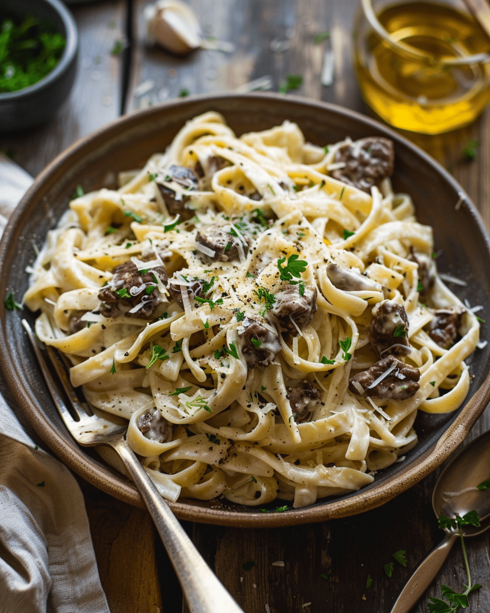 Beefy Alfredo Garlic Pasta