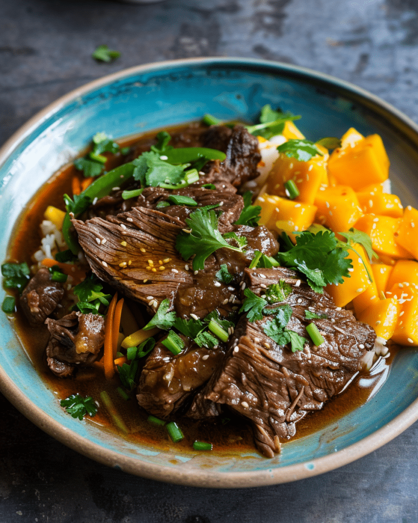 Sweet Soy-Braised Beef Cheeks with Mango Salad