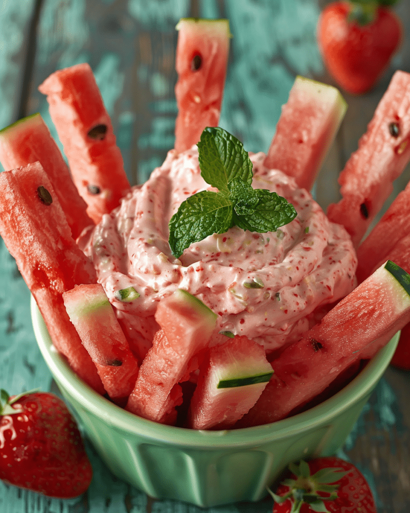 Watermelon Fries with Strawberry Yogurt Dip