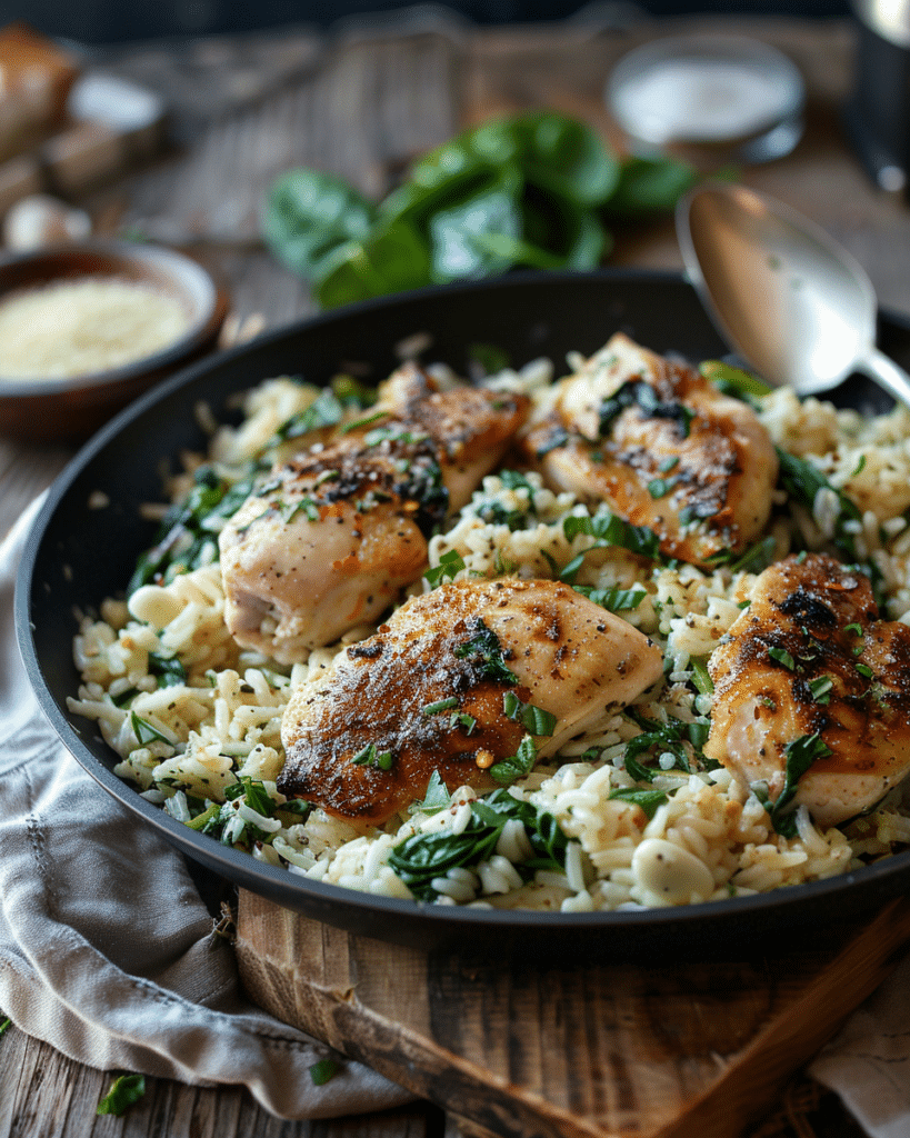 Creamy Parmesan Spinach Rice with Spicy Garlic Chicken