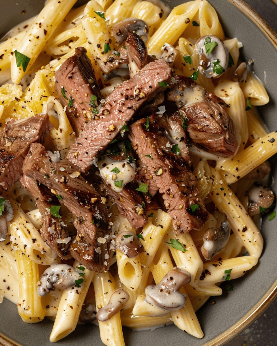 Garlic Butter Steak Bites Over Creamy Pepper Jack Penne