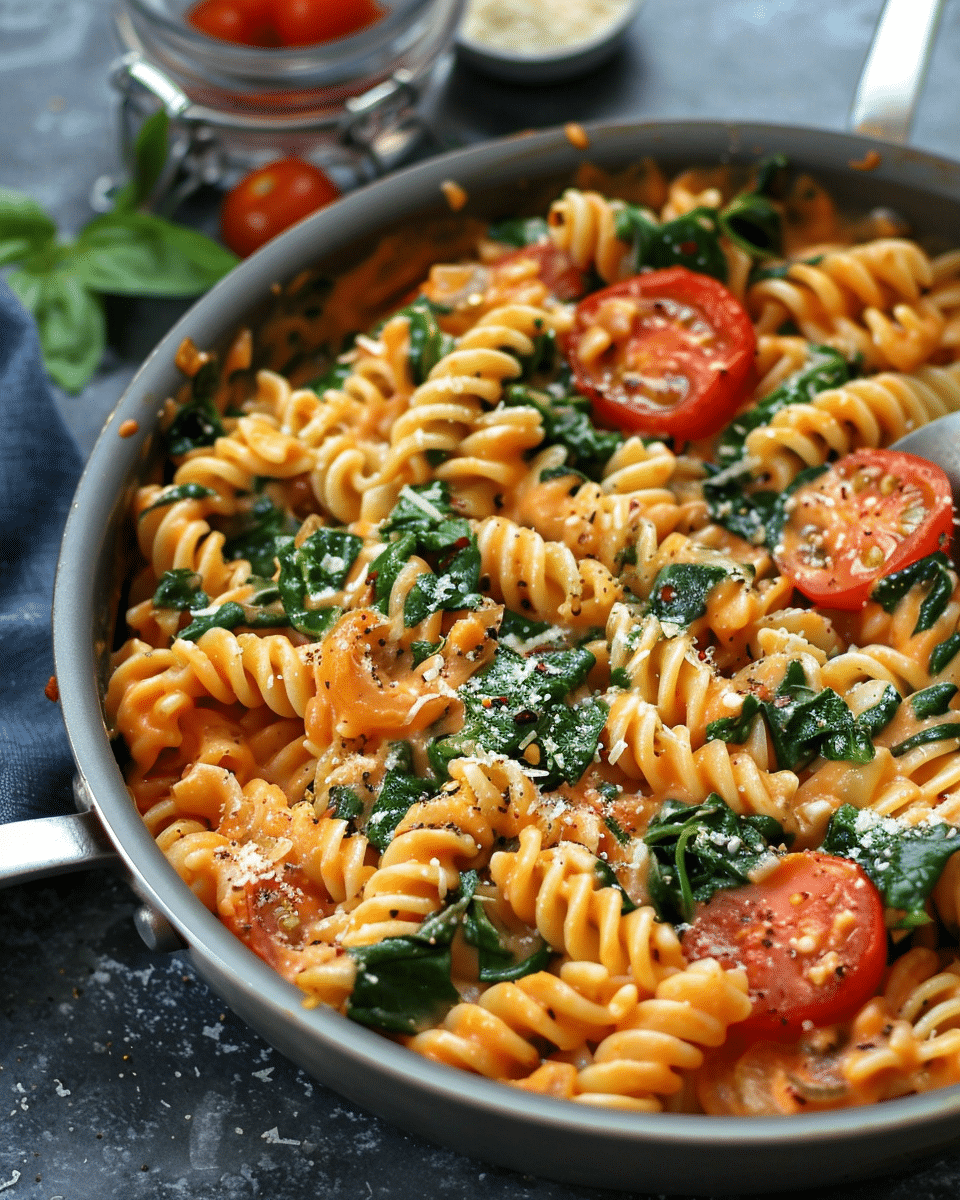 One Pot Creamy Tomato & Spinach Pasta